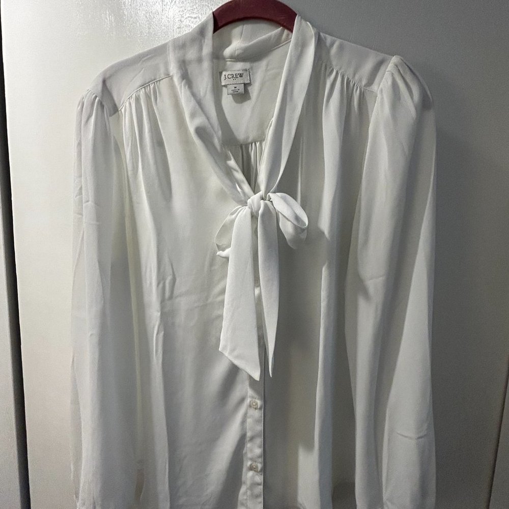 J. Crew Factory Long Sleeve White Pussy Bow Blouse Sz. M